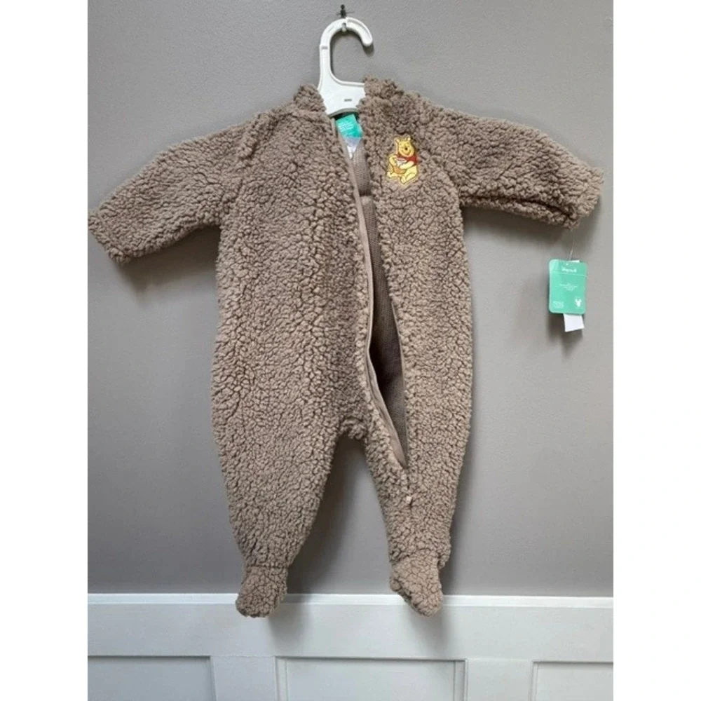 NWT Disney Baby Winnie the Pooh‎ Sherpa Fleece Pram Suit Tan Hooded Footed 6-9M